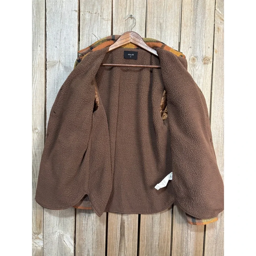 Rollas Mens Sherpa Lined Plaid Flannel‎ Shirt Jacket Orange Yellow Brown Small